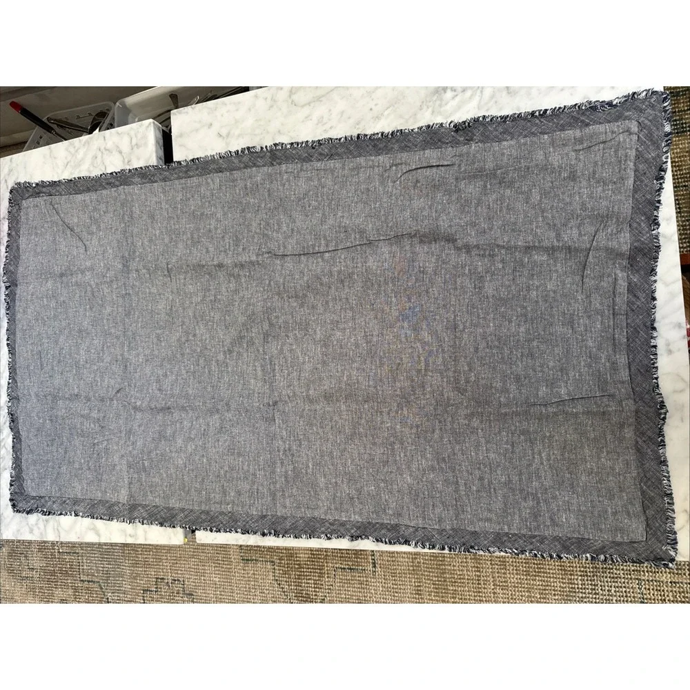 Pottery Barn Belgian Flax Linen KING Sham Marin Blue Chambray Fringe Edge